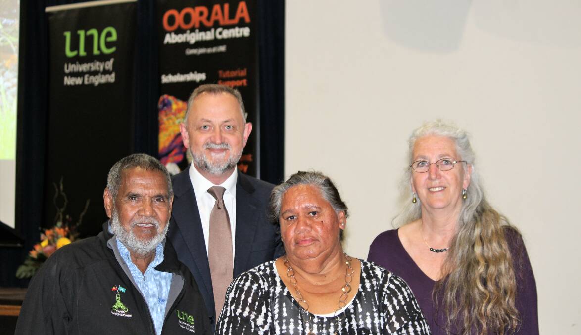 REPRESENTATIVES: (l-r) Great-gandson of Frank Archibald and Elder in residence at Oorala Aboriginal Centre, Colin Ahoy, deputy vice-Chancellor Prof. Todd Walker. Frank Archibald's great-granddaughter Hazel Vale who gave the Welcome To Country and Tess Cullen. 