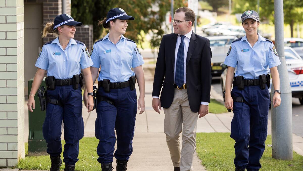 NEW: Probationary Constables Claudia Gilmore, left, Tegan Smith, Northern Tablelands MP Adam Marshall and Samantha Petty outside Armidale Police Station earlier this week.