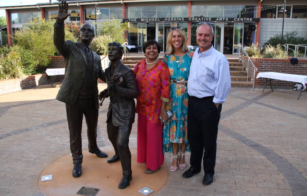 UNVEILING 2016: Ami Davie with sculptor Tanya Bartlett and Mike Hoskins who commissioned The Spark to celebrate the creative spirit at TAS.