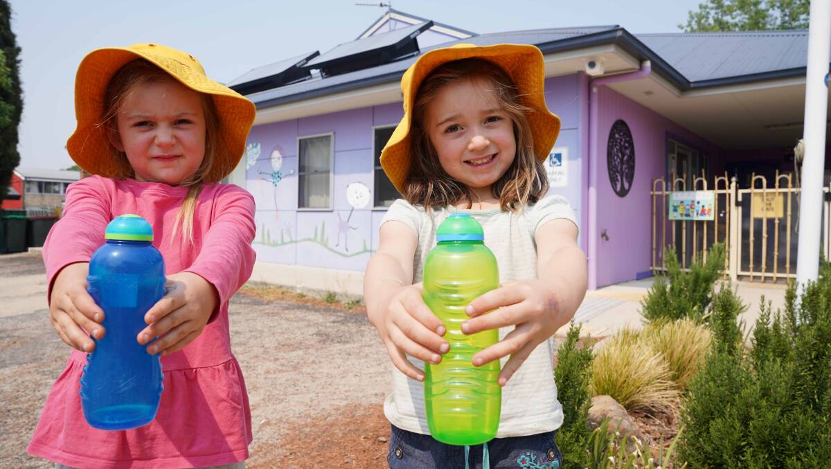 FILLED: Hazel and Darcy in front of the Armidale Community Preschool and two of the hydro-panels on the facility's roof behind them.