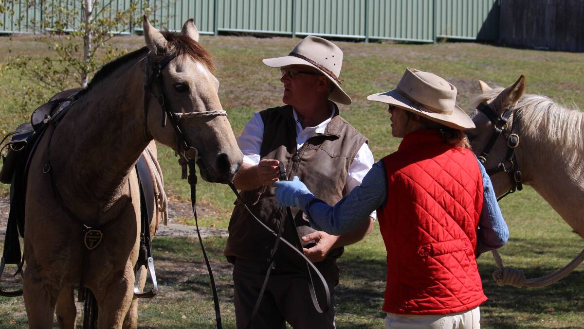 DISMOUNT: Glenn Morris hands the reins over to Francesca Andreoni before facing the television cameras in Pioneer Park at Uralla.