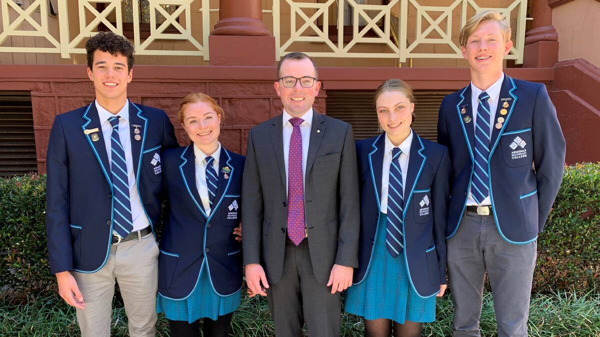 Armidale Secondary College captains Jaia Richardson-Fowell (left) Annabel Winter, Northern Tablelands MP Adam Marshall, Charlotte Charteris and Henry Sindel at Parliament House on Thursday.