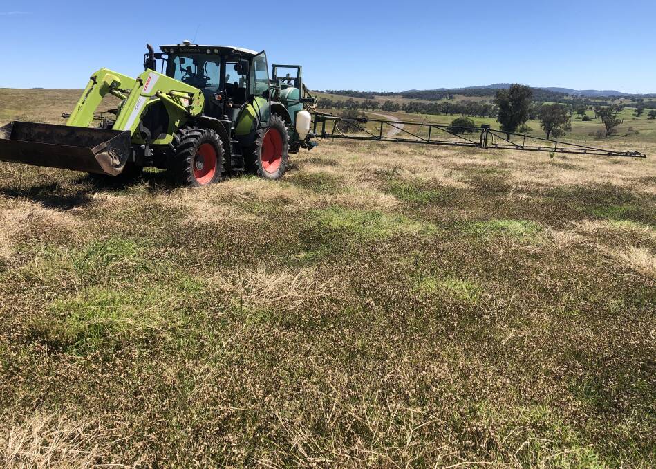 OLD MATE: Claas, with sprayer arms expended, is all rigged up and ready to go.