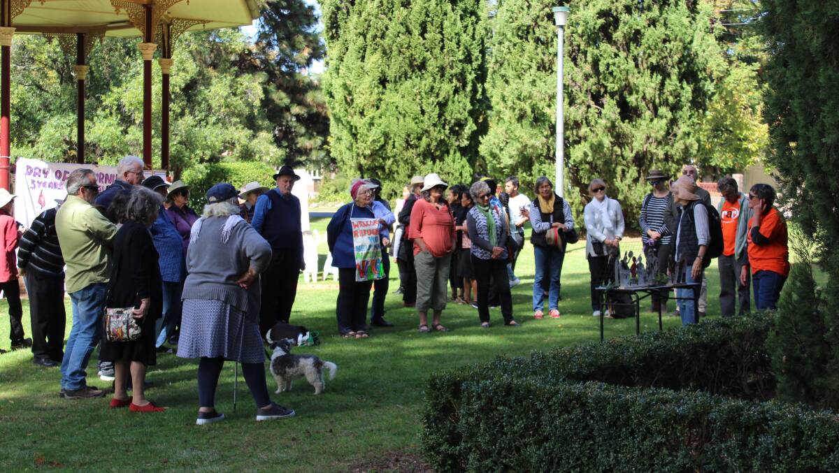 MESSAGE: About 40 people from Armidale Rural Australians for Refugees gathered in Central Park on Sunday to protest against the refugee processing camps in Nauru and Manus Island.