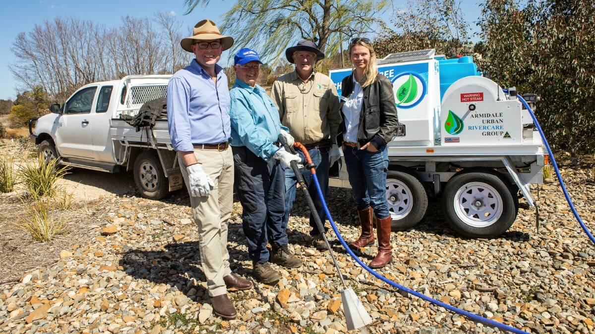 WAR ON WEEDS: Northern Tablelands MP Adam Marshall, left, with AURG chairman Bruce Whan, volunteers Gordon Bell and Southern New England Landcare Co-ordinator Sara Schmude.
