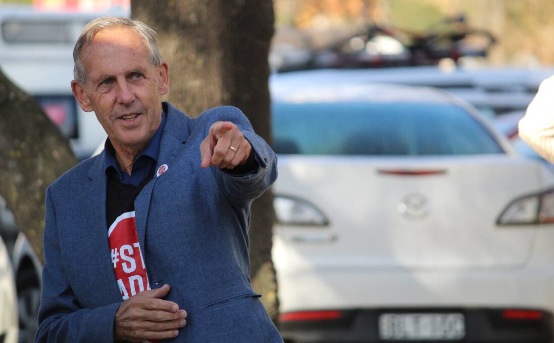 VISIT: Bob Brown recognised someone in the crowd on Thursday morning in Curtis Park as the Stop Adani Convoy paused for breakfast at Armidale.