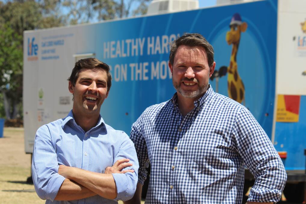 VISIT: Life Education CEO Jonathon Peatfield with Newcastle Permanent charitable Foundation executive officer Graham Batten at Uralla Central School on Tuesday.