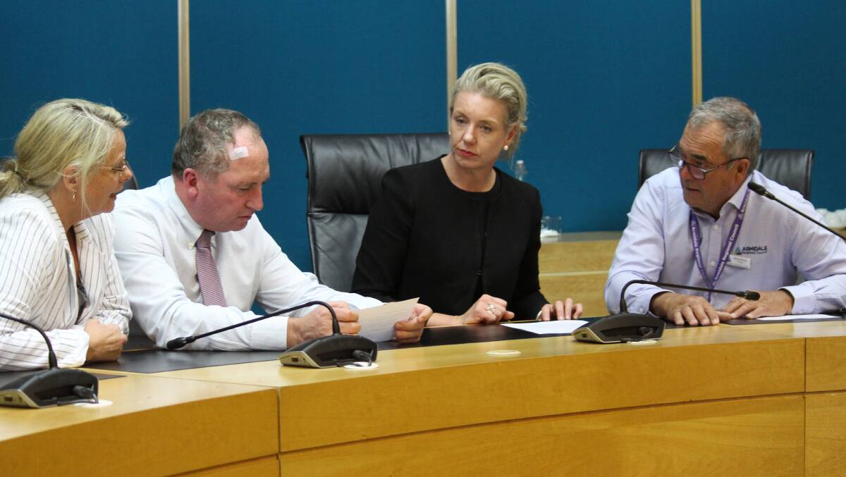 ISSUE: Councillor Di Gray with Member for New England Barnaby Joyce, Senator Bridget McKenzie and Armidale Mayor Simon Murray talk about progress made on, and future funding for, the Kempsey Road at council chambers on wednesday afternoon.