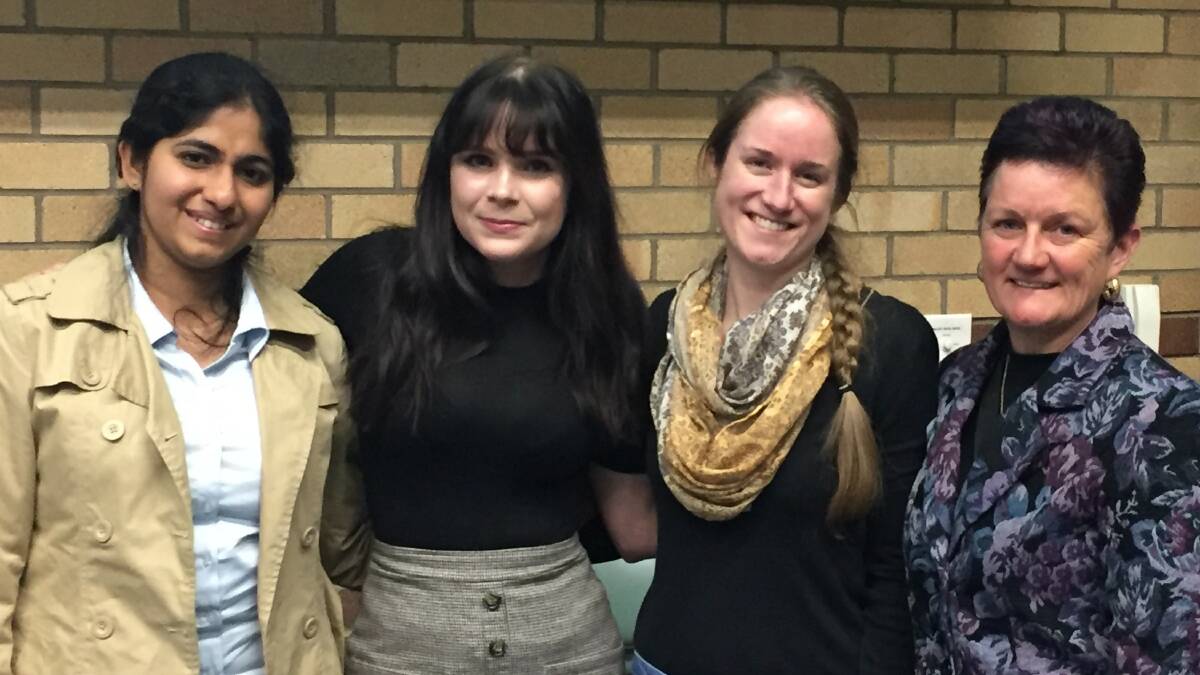 This year's winners of UNE's 3MT competition (l-r) Casandra Sundaraja (1st), Lucy Farrow (2nd), Sarah Legendre (3rd) and people choice winner Lesley Douglas.