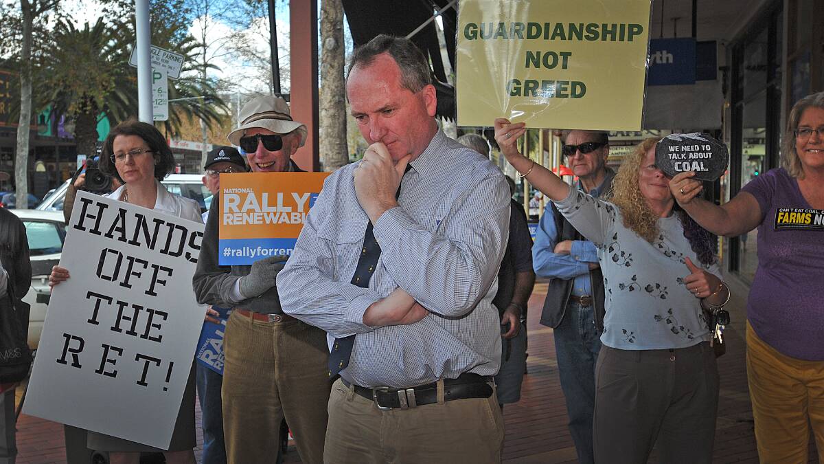 SWAMPED: Baranby Joyce was surrounded by protesters outside his Tamworth office on Friday. Photo by Northern Daily Leader.