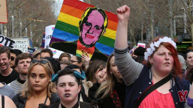 Supporters during a marriage equality rally in Melbourne.  Photo: David Crosling
