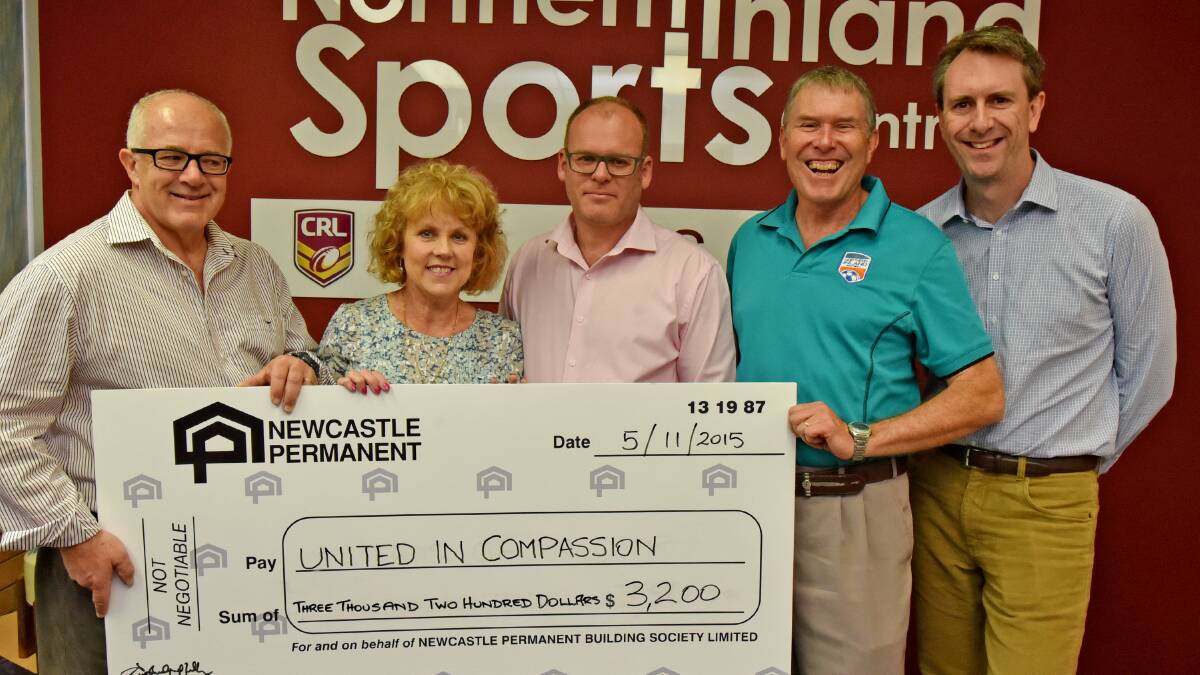 Presenting the United In Compassion with some football funds yesterday (from left) Tim Coates (NIF chairman), Lucy Haslam and Troy Langman (United in Compassion), outgoing NIF general manager Steve Griffith and new NIF GM Gavin Flanagan. Photo: Geoff O’Neill 051115GOA03