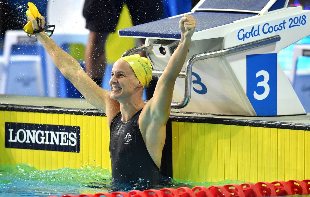Bronte Campbell of Australia celebrates after winning the Womens 100m Freestyle  the XXI Commonwealth Games.