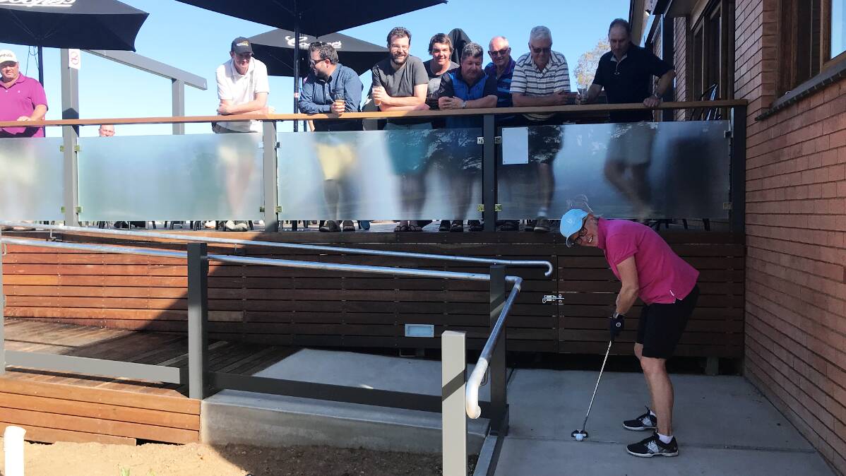 Tanya Alcorn’s over-enthusiastic approach to the 18th green on Saturday landed her the perfect spot to attract the attention and cheers of the peanut gallery enjoying their prime position on the new golf club veranda. Surprisingly, Alcorn missed the putt!

 