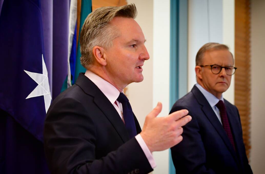 Labor climate spokesman Chris Bowen and Opposition Leader Anthony Albanese announcing the party's Powering Australia plan. Picture: Elesa Kurtz
