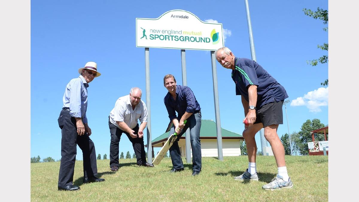 SPORT GROUND: From left: Armidale Dumaresq Councillor Colin Gadd, President of the Armidale Sports Council Steve McMillan, Darren Schaefer Chief Marketing Officer of the Community Mutual Group and President of the Armidale District Cricket Association Mike Porter in front of one of the signs at the New England Mutual Sportsground.