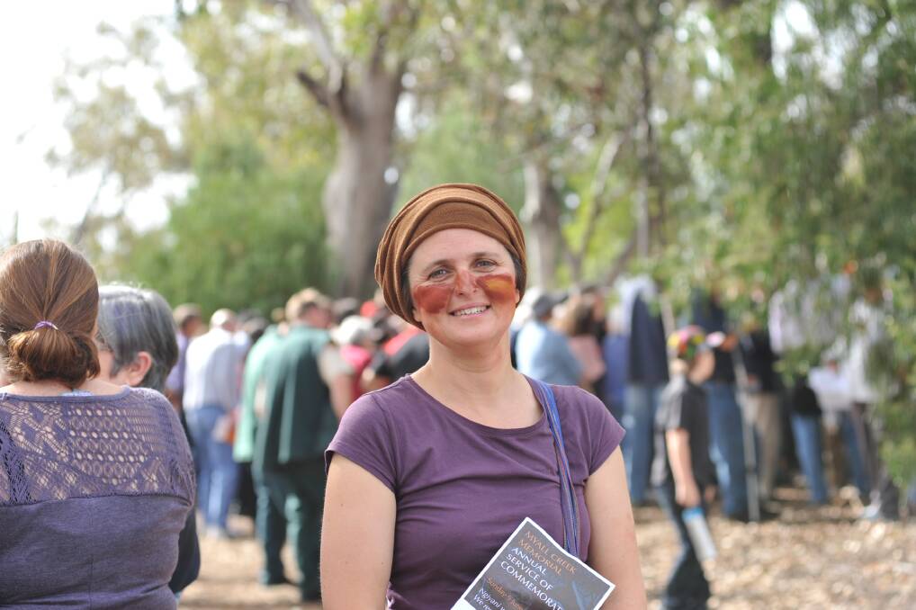 Lisa Wriley with ochre on her face at the Myall Creek Memorial Day on Sunday. Photo:The Moree Champion.