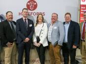 Michael Crowley, centre, is farewelled by the Herefords Australia board members
from left, Sam Broinowski, Ian Durkin, Annie Pumpa, Marc Greening, Mark Duthie and Mark Baker. Picture by Kim Woods

